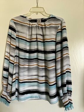 W by Worth Striped Long-Sleeve Blouse in Blue, Black & Tan